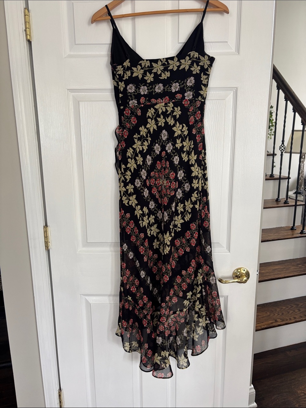 Guess Black Floral Asymmetrical Slip Dress with Red and Cream Blooms - Picture 4 of 4